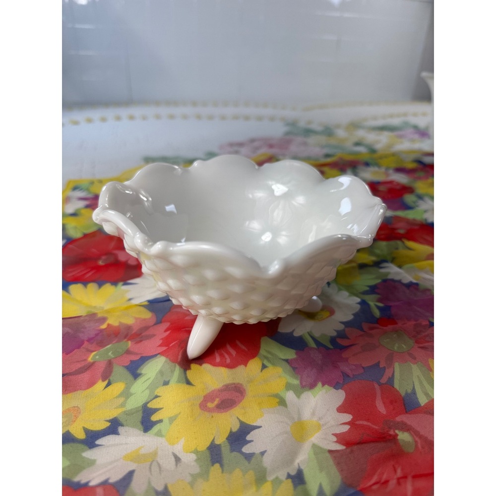 Fenton White Milk Glass Hobnail Ruffled Footed Bowl Vintage 5.5 Inch